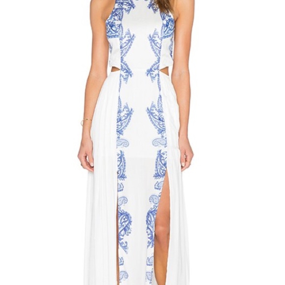 THE JETSET DIARIES Ruffian Sleeveles Cutout Maxi Dress White & Blue XS